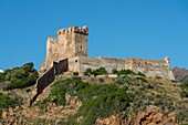 Frankreich, Corse du Sud, Porto, Golf von Porto, von der UNESCO zum Weltkulturerbe erklärt, der genuesische Turm des Dorfes Girolata, per Boot oder zu Fuß erreichbar