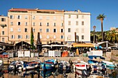 France, Corse du Sud, Ajaccio, many wooden fishing boats liven up the port Tino Rossi in front of the facades of the old town in the morning