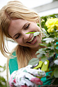 Woman cutting rose