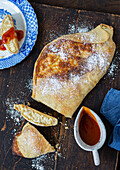 Rice pudding strudel with caramel sauce