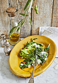 Broad bean puree with steamed dandelions