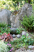 Wasserspiel im Garten mit Storchschnabel (Geranium), Froschlöffel (Alisma), Pfeilkraut, Purpurglöckchen (Heuchera), Farn im Steingarten