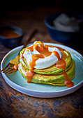 Matcha pancakes with whipped cream and miso caramel