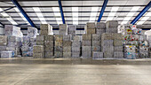 Bundles of waste paper at a recycling plant