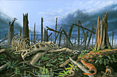 Aftermath of Cretaceous-Paleogene impact event, illustration