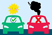 Electric car versus petrol car, illustration