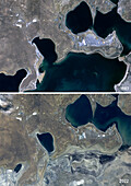 Shrinking of the Aral Sea, 1986 and 2022, satellite image