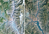 Jinsha River, China in 1987 and 2022, satellite image