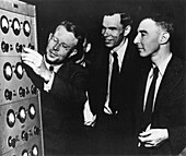 Ernest Lawrence and J. Robert Oppenheimer, US physicists, at cyclotron control panel