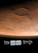 Fusion drive spaceship arriving in Mars orbit, illustration