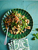 Oriental red lentil and chickpea salad with aubergine