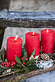 Red Advent candles with holly leaves and pine cones on tree bark