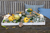 Autumnal table decoration with pumpkins and candles on a wooden table in the garden