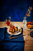 Ginger and blueberry pancakes with gochujang-glazed bacon