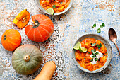 Pumpkin and coconut curry with red lentils and lime and mint yoghurt