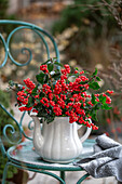 Strauss aus Roter Winterbeere (Ilex verticillata), Stechpalme 'Blue Maid' (Ilex meserveae) in Teekanne auf Gartenstuhl
