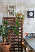 Study with wooden sorting shelf, houseplants and retro wall clock