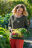 Woman holding basket with harvest of chard 'Bright Lights', wax bean 'Neckargold' and different varieties of tomatoes