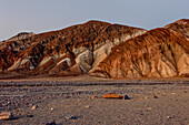 Colorful Furnace Creek Formations near the mouth of Golden Canyon in Death Valley National Park in the Mojave Desert, California.