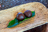 Zwei Kugeln reinen Kakaos auf einem handgeschnitzten Holztablett bei einer Vorführung auf einer Kakaoplantagen-Tour. Dominikanische Republik
