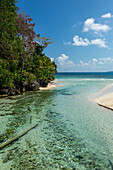 Klares Wasser des Cano Frio, der am Strand von Rincon auf der Halbinsel Samana in der Dominikanischen Republik in den Atlantischen Ozean fließt