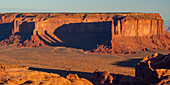 The Three Sisters & Mitchell Mesa in Monument Valley, from Hunt's Mesa in the Monument Valley Navajo Tribal Park in Arizona.