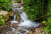 Ein kleiner Bach im Regenwald in der Provinz Barahona in der Dominikanischen Republik. Eine lange Verschlusszeit verleiht dem Wasser ein seidiges Aussehen