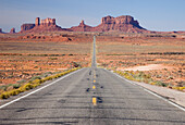 View of the Utah monuments in Monument Valley Navajo Tribal Park from Forrest Gump Point on Highway 163 in Utah.