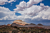 Sagebrush Flats und der Sandsteinmonolith in der White Pocket Recreation Area, Vermilion Cliffs National Monument, Arizona. Virga, der verdunstende Wüstenregen, fällt aus den Wolken im Hintergrund
