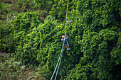 A man ziplining over the rainforest near Sosua in the Dominican Republic.