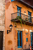 Street lamp and balcony in the old Colonial City of Santo Domingo, Dominican Republic. A UNESCO World Heritage Site in the Dominican Republic.