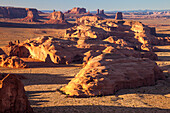 Telephoto view of Monument Valley from Hunt's Mesa in the Monument Valley Navajo Tribal Park in Arizona.