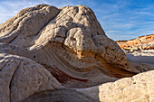 Erodierter weißer Pillow Rock oder Brain Rock Sandstein in der White Pocket Recreation Area, Vermilion Cliffs National Monument, Arizona. Sowohl der rote als auch der weiße Sandstein sind Navajo-Sandstein, aber der rote hat mehr Eisenoxidanteil