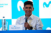 Der kolumbianische Radrennfahrer Nairo Quintana während einer Pressekonferenz, auf der seine Rückkehr zum Movistar Cycling Team angekündigt wird, in Bogota, Kolumbien, am 30. Oktober 2023