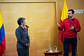 Bogota's mayor Claudia Lopez (L) and mayor-elect Carlos Fernando Galan (R) during a press conference after a meeting between the Bogota's mayor Claudia Lopez and mayor-elect Carlos Fernando Galan, in Bogota, Colombia, october 30, 2023.