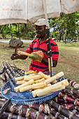 Ein haitianischer Einwanderer verkauft Zuckerrohr von einem fahrbaren Wagen in einem Park in Santo Domingo, Dominikanische Republik