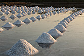 Piles of salt create geometric designs on the salt pan at a traditional evaporation salt farm in Samut Sakhon, Thailand.
