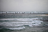 Stilt fishermen in Ahangama coast with rough sea, Sri Lanka