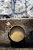 Delicious Finnish salmon soup. Wilderness husky sledding taiga tour with Bearhillhusky in Rovaniemi, Lapland, Finland