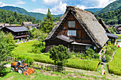 Shirakawa-go, traditionelles Dorf, das einen als gassho-zukuri bekannten Baustil zeigt, Präfektur Gifu, Japan