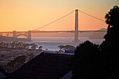 View of San Francisco and Golden Gate Bridge at sunset.