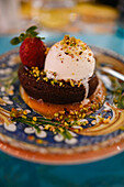 Chocolate coulant with ice cream dessert in restaurant