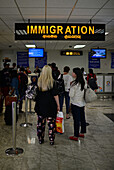Immigration desk at arrivals hall in Colombo airport, Sri Lanka