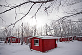 Wood cabins from VisitInari next to Lake Inari, Lapland, Finland