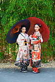 Portrait of two women wearing kimonos and holding parasols in park