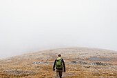 Canada, Yukon, Whitehorse, Rear view of man hiking in foggy landscape