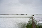 Straße im Überschwemmungsgebiet des Flusses Waal im Winter