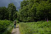 UK, Scotland, Rear view of man with backpack walking in landscape