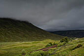 UK, Scotland, Storm clouds above green landscape with railroad tracks