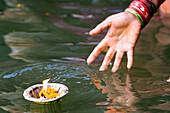 Hindufrau taucht in das heilige Wasser des Ganges ein und wirft ein Gefäß mit einer Flamme als religiöse Opfergabe ab; Bundesstaat Uttar Pradesh, Indien